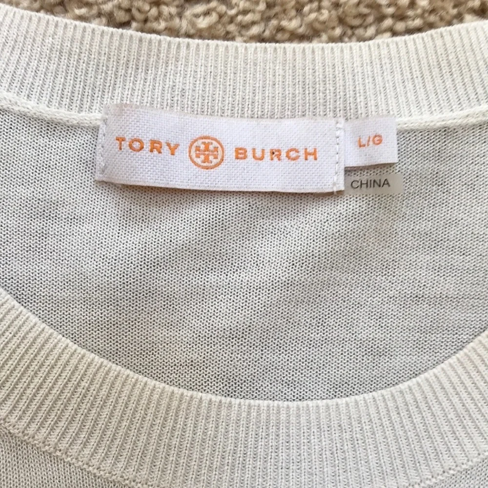 TORY BURCH ecru Size L short sleeve embroidered crew Top